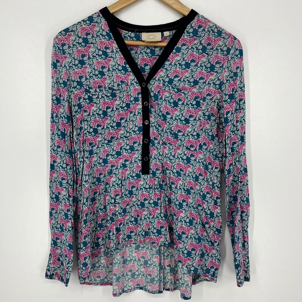Vanessa Virginia Anthropologie Teal Pink Tiger Floral High Low Blouse US Size 6